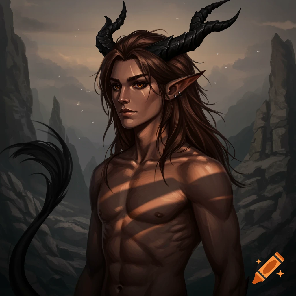 A muscular, shirtless male human-dragon hybrid with long brown hair, black horns, pointed ears, and a tail stands in a rocky landscape with dramatic lighting.