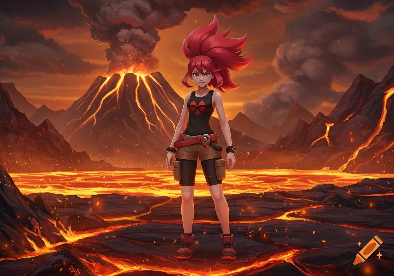 Red-haired anime girl resembling Flannery from Pok esschemon standing in a fiery volcanic landscape with lava flows and erupting volcanoes.