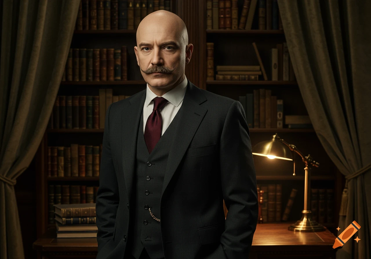 A distinguished bald man with a mustache, wearing a suit and red tie, stands in a classic library.