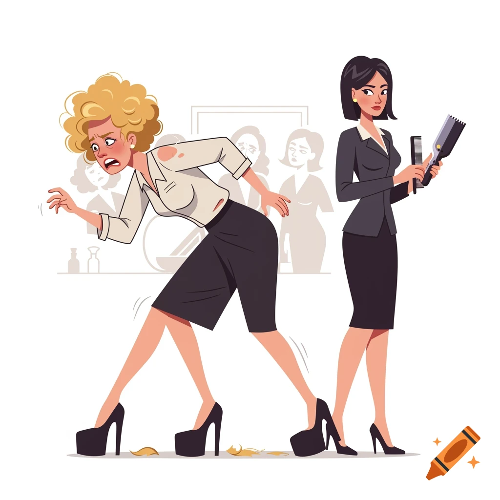 A cartoon woman with a bad, choppy blonde haircut grimaces while hobbling in platform heels as a calm hairdresser stands nearby with clippers.