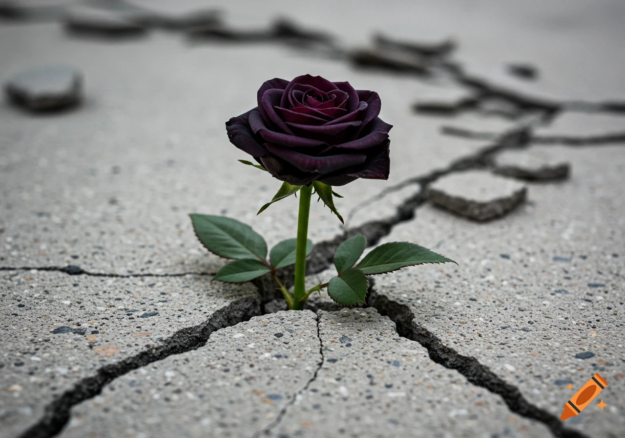 A dark purple, almost black rose with green leaves grows through a prominent crack in gray concrete in a photorealistic style.