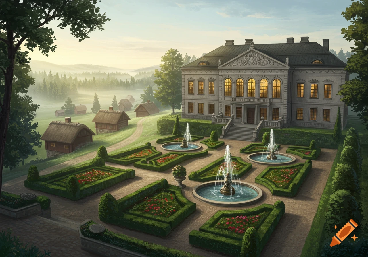 A grand 19th-century manor with elaborate gardens and fountains, overlooking a rustic village in a misty valley.