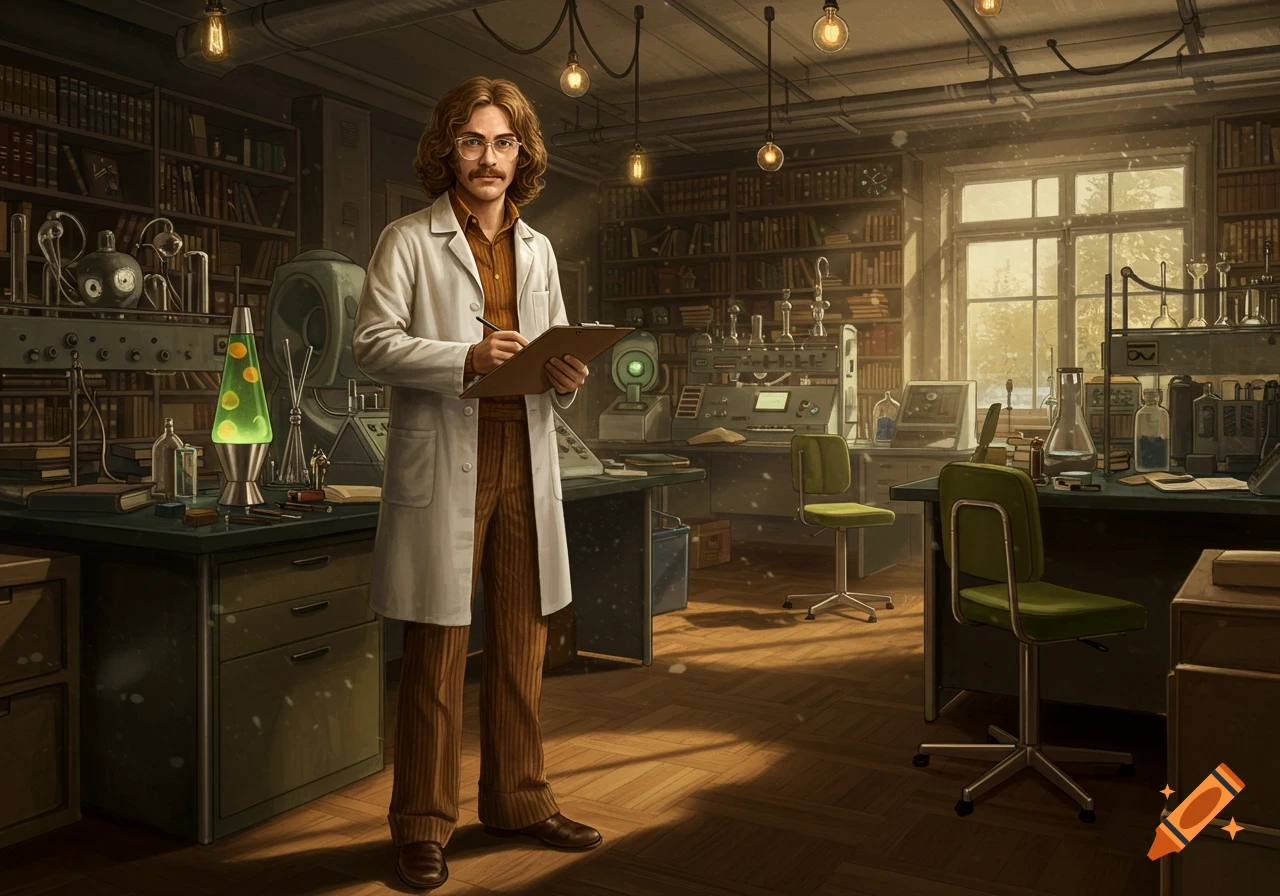 A man in a lab coat and eyeglasses stands in a vintage-style laboratory, holding a clipboard.