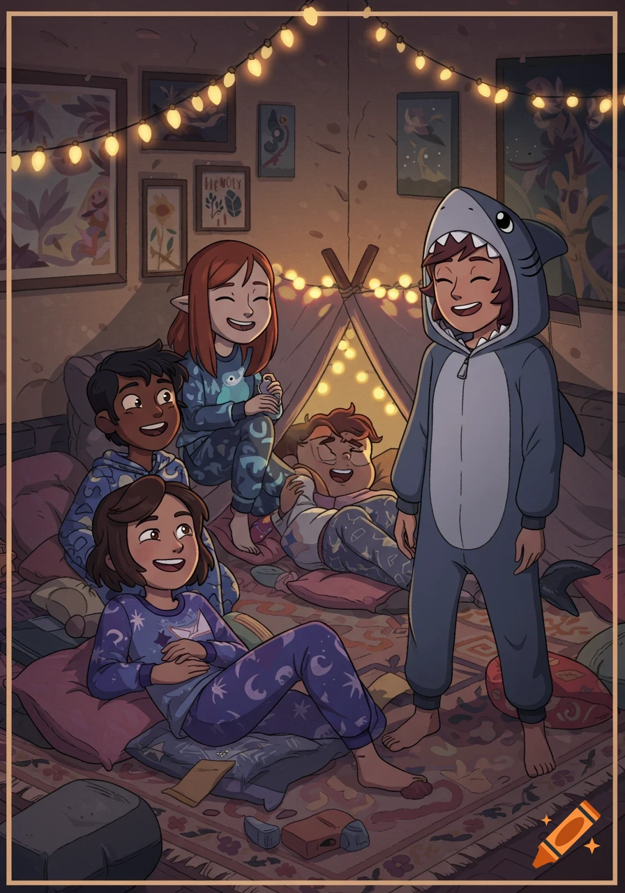 Five cartoon children at a cozy sleepover in a room with string lights and a tent. One child stands in shark pajamas while others relax on pillows.