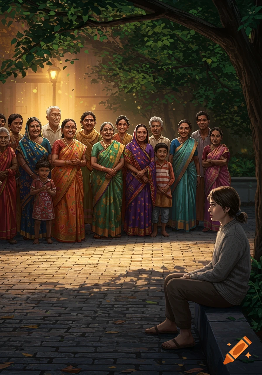 A diverse group of South Asian people in colorful traditional saris stand under a tree, while a young woman sits in the foreground.
