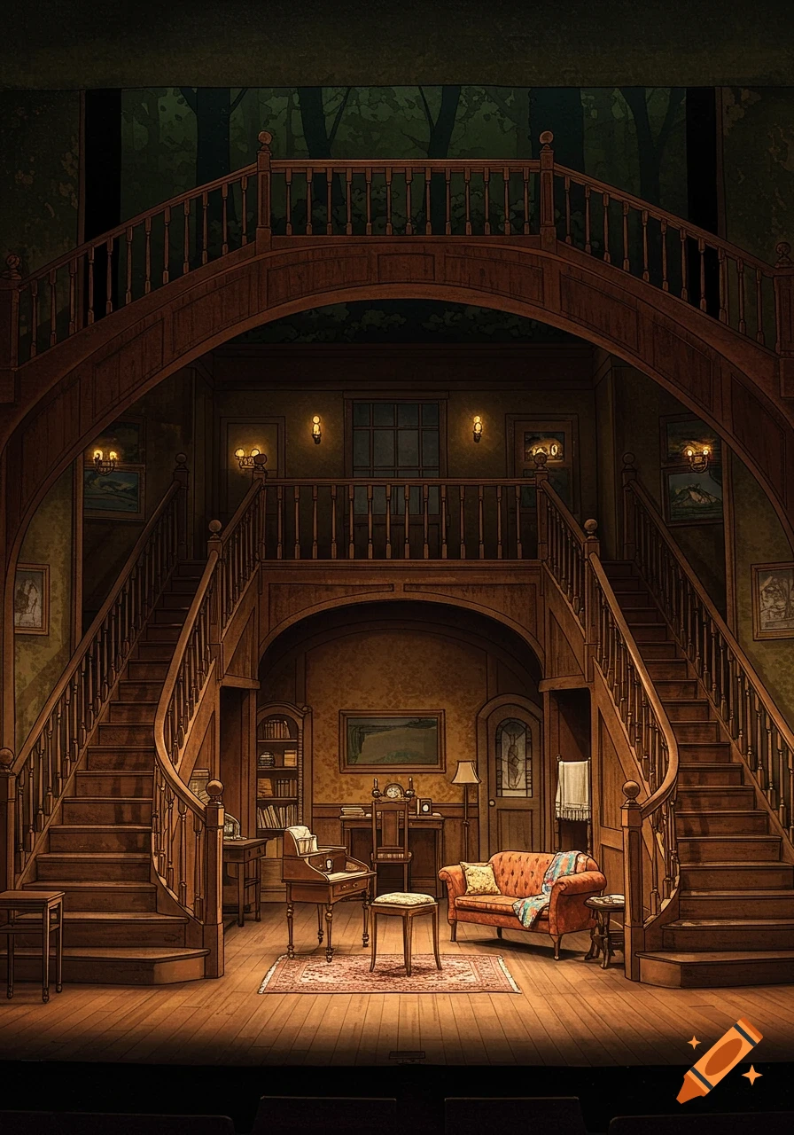 An illustrated stage set for a musical, featuring a grand wooden double staircase leading up, with a cozy living room area underneath.