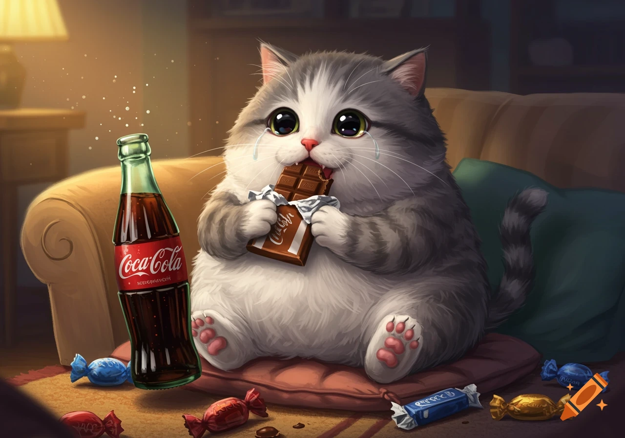 A sad, chubby cat sits on a cushion, crying while eating a chocolate bar and a Coca-Cola bottle floats beside it. Candies are scattered on the floor.