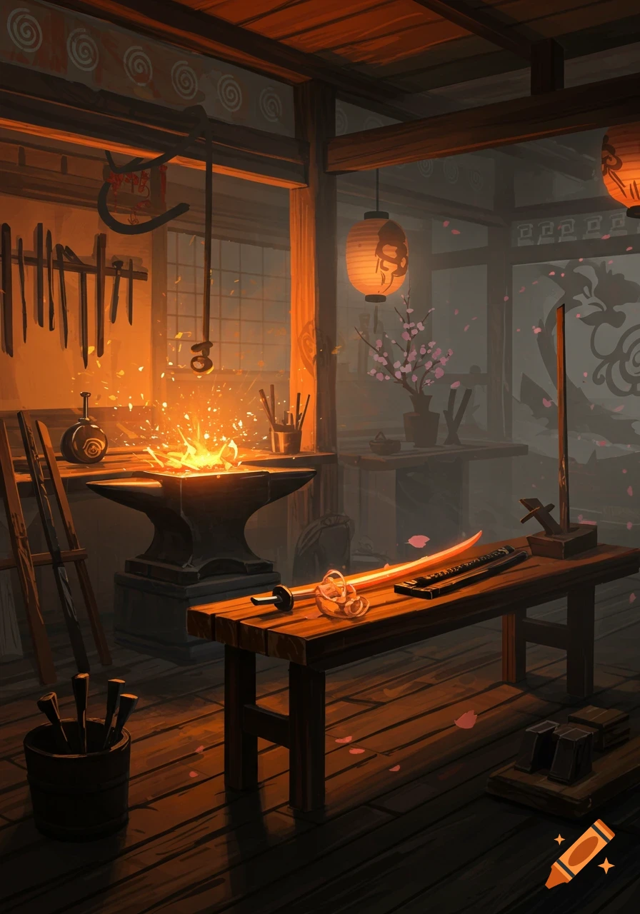 A detailed illustration of a traditional Japanese forge with a glowing anvil, tools, and a katana on a wooden bench, lit by lanterns and falling cherry blossoms.