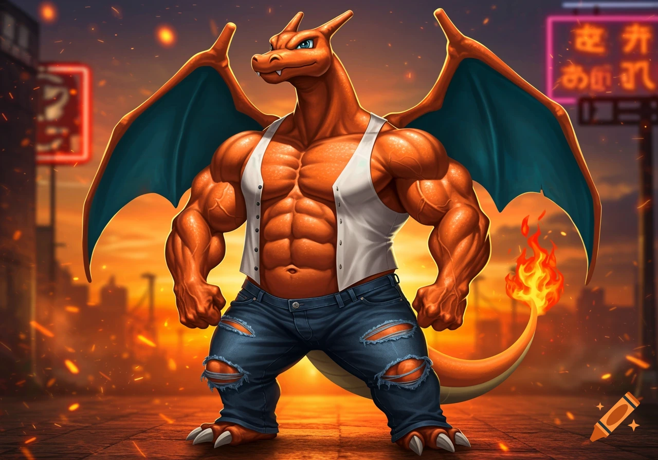 A muscular Charizard with orange scales and blue wings stands in a white vest and ripped jeans on a city street at sunset, its tail ablaze.