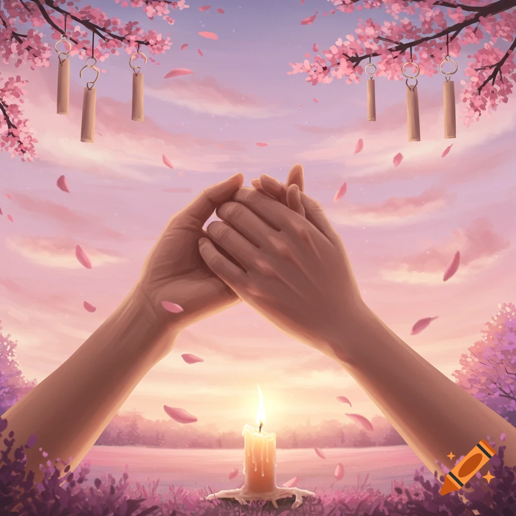 Illustrated image of two hands reaching towards each other above a lit candle, surrounded by falling pink cherry blossoms and a twilight sky.
