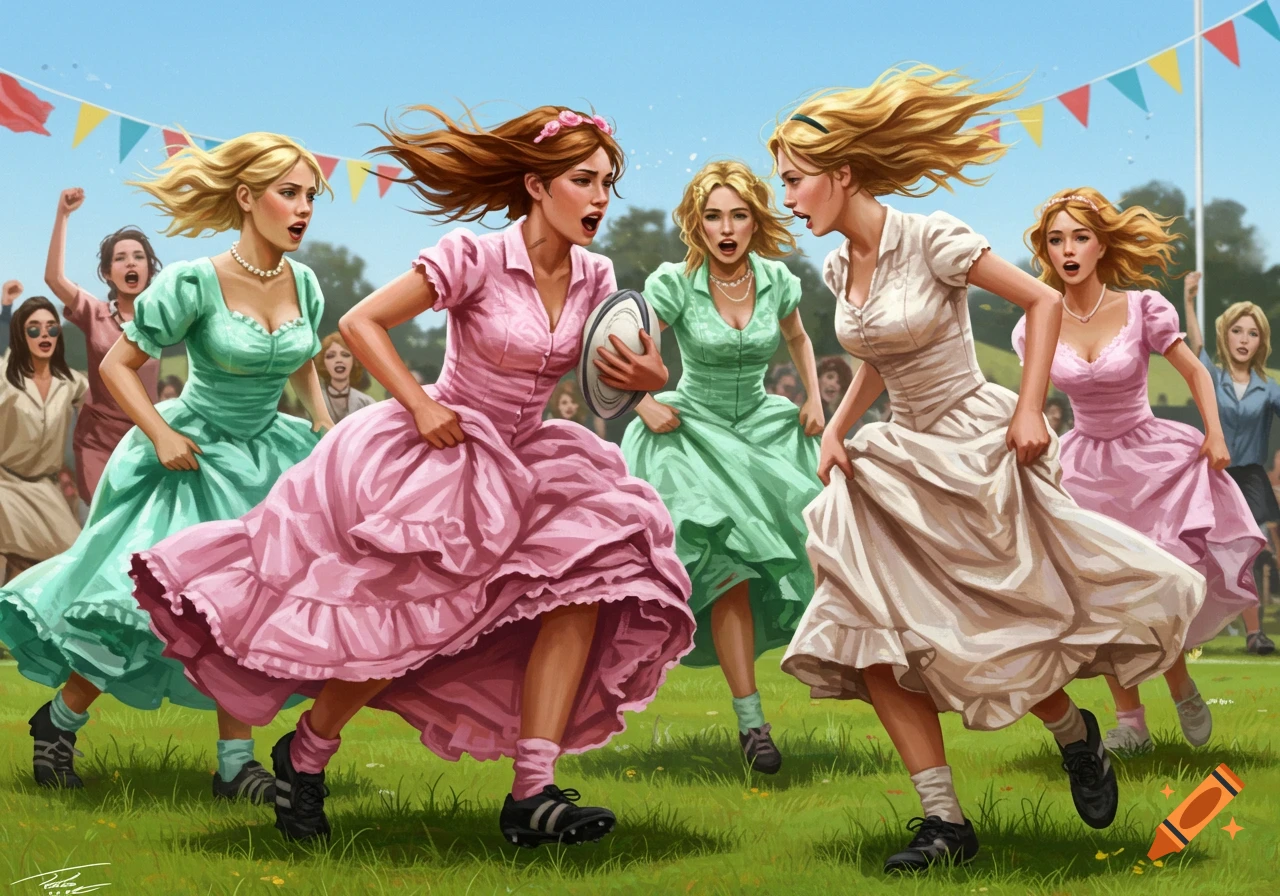 Women in ruffled dresses play rugby on a grassy field, one carrying a ball. Colorful bunting overhead. Painted style.