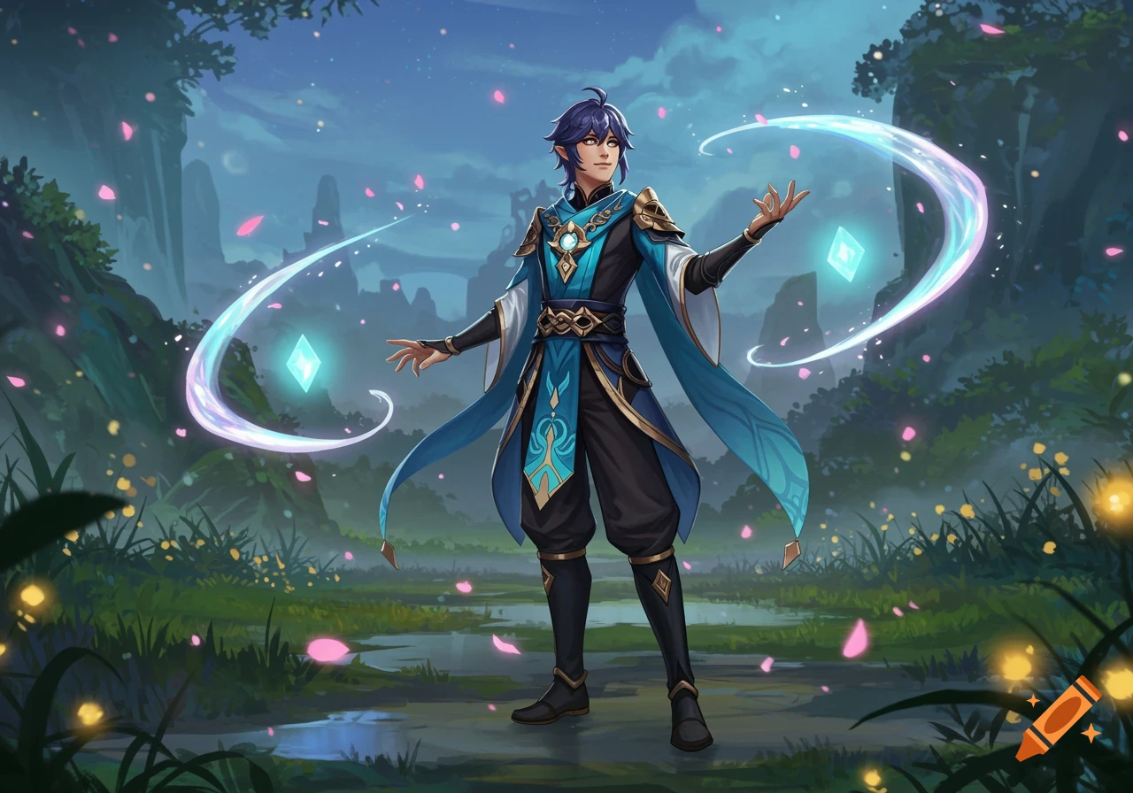 A male fantasy character with blue hair and elven ears, wearing a blue and gold robe, casting a spell with glowing energy and crystals in a moonlit forest.