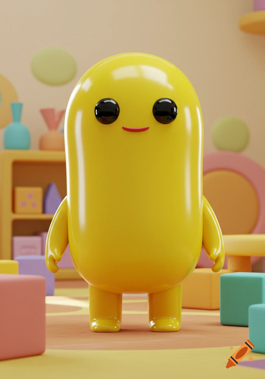 A glossy 3D animation of a bright yellow, pill-shaped cartoon character with large black eyes and a small red smile, standing in a pastel-colored daycare.