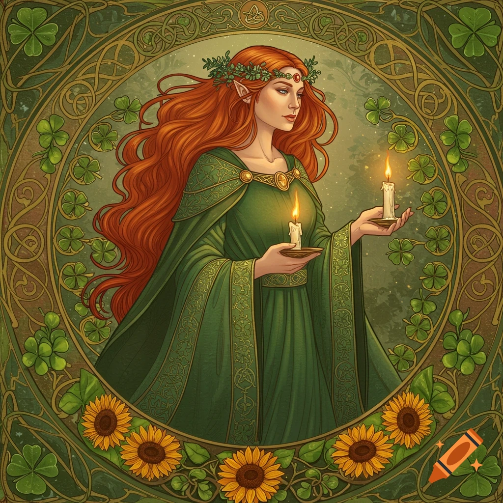 A red-haired woman in a green robe holding two lit candles, framed by an ornate Art Nouveau border of shamrocks and sunflowers.