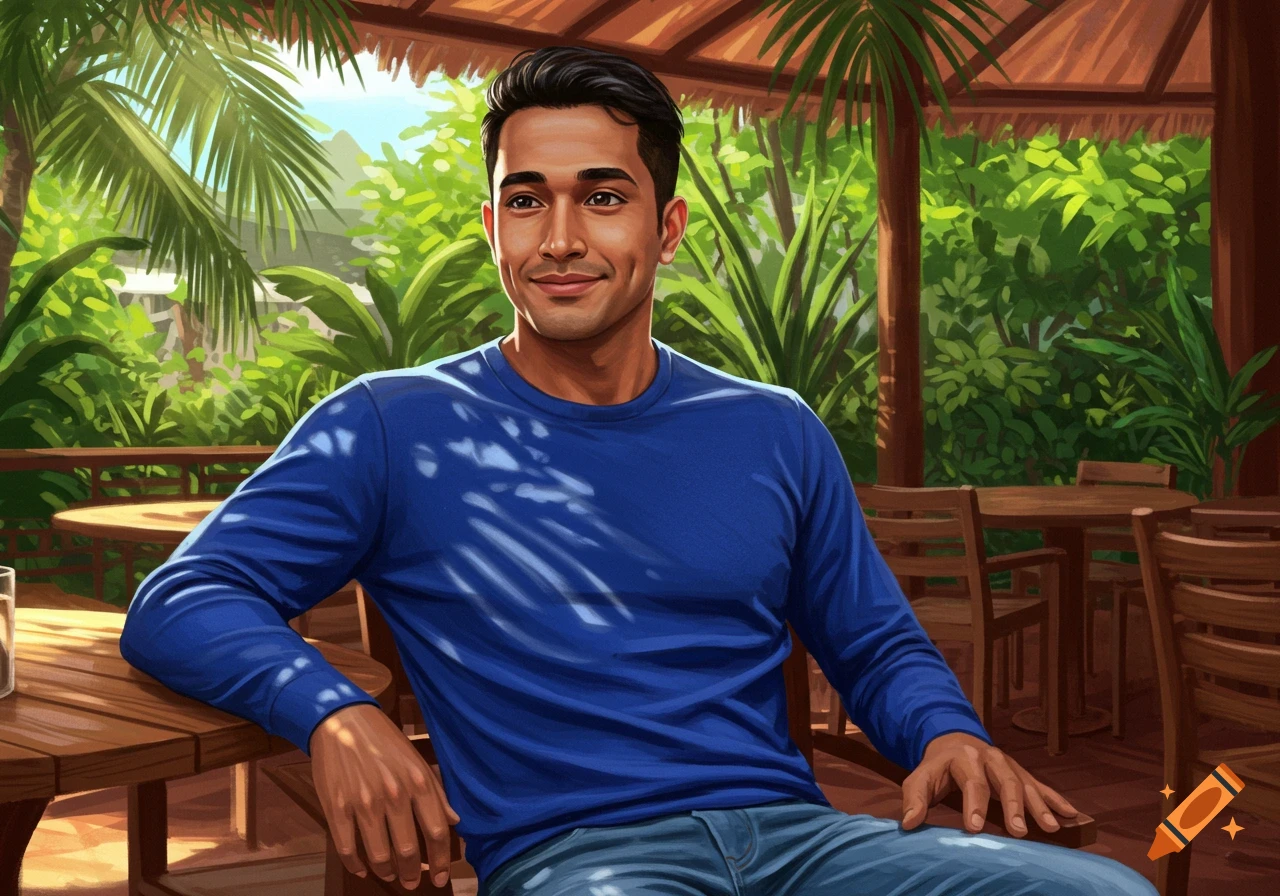 Illustrative portrait of a smiling man with dimples in a blue shirt and jeans, sitting at a wooden table in a vibrant tropical outdoor setting.
