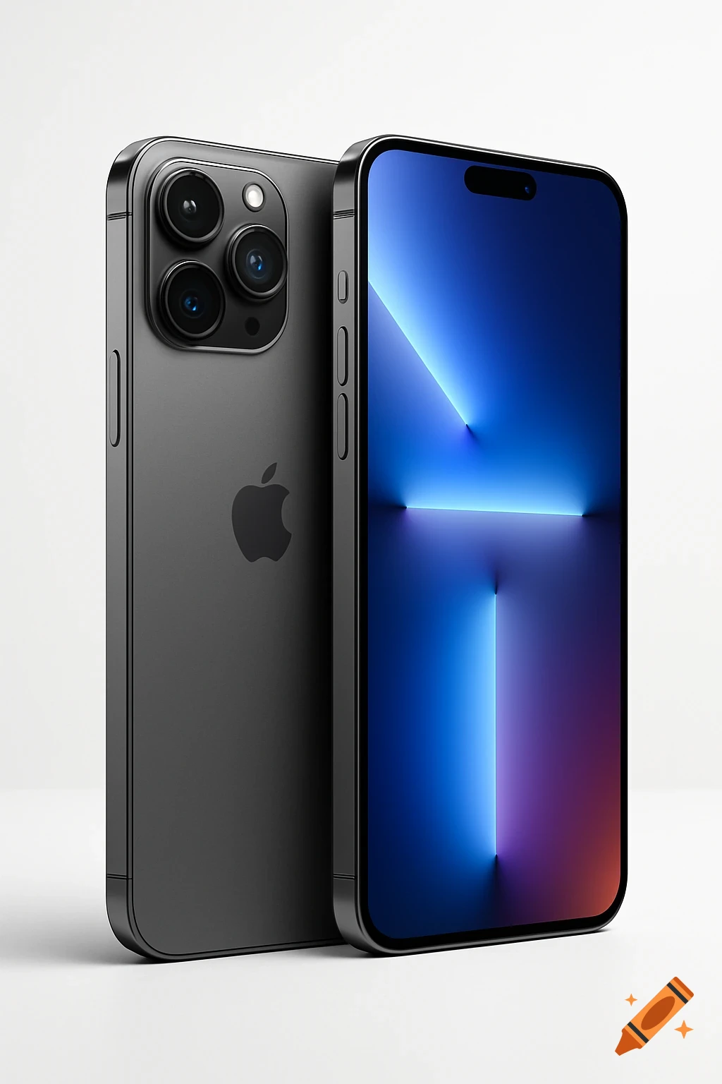 Two gray iPhones, one showing its back with the Apple logo, the other its screen with a blue and purple abstract wallpaper, on a white background.