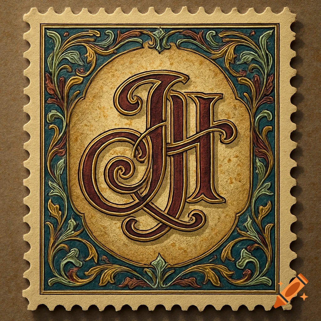An ornate vintage stamp with intertwined initials JH and decorative floral borders.