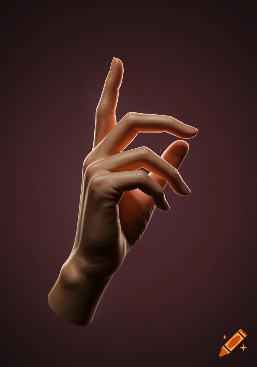A photorealistic rendering of a single hand, suspended against a dark plum background, with the ring finger curled inwards. Dramatic lighting highlights the contours of the fingers and knuckles.
