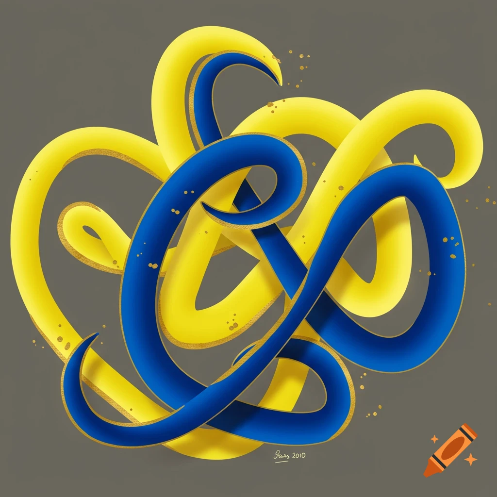 Digital illustration of intertwined yellow and blue abstract ribbons with a 3D effect and golden speckles on a grey background.