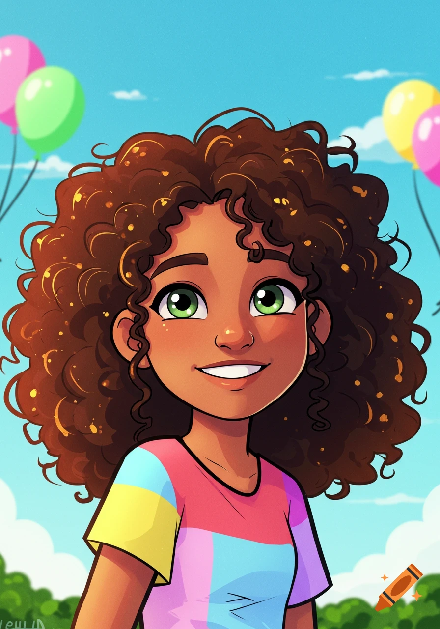 A cartoon portrait of a smiling girl with curly brown hair and green eyes, wearing a colorful t-shirt, set against a blue sky with balloons.