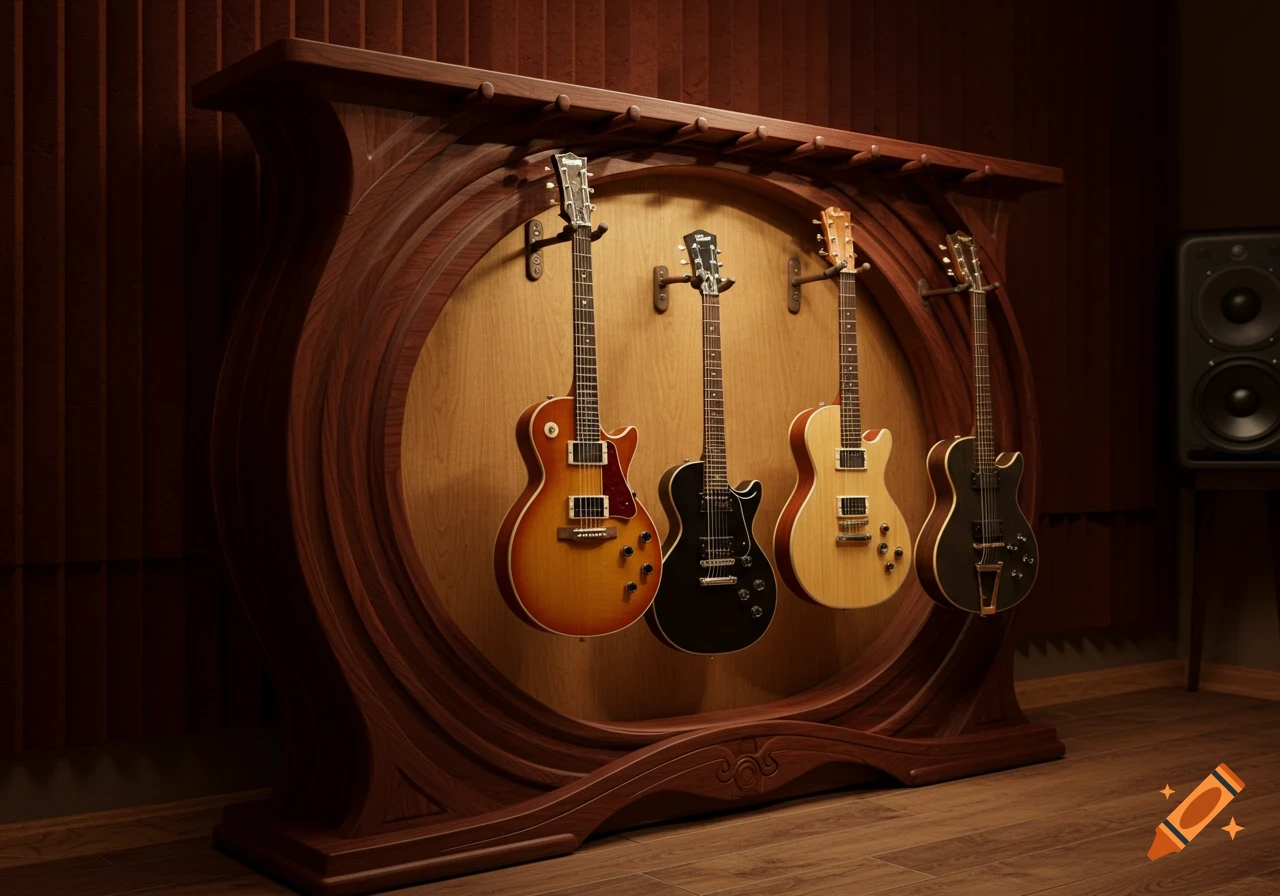 Four electric guitars of different colors hanging on an elaborate wooden guitar rack in a dimly lit room.