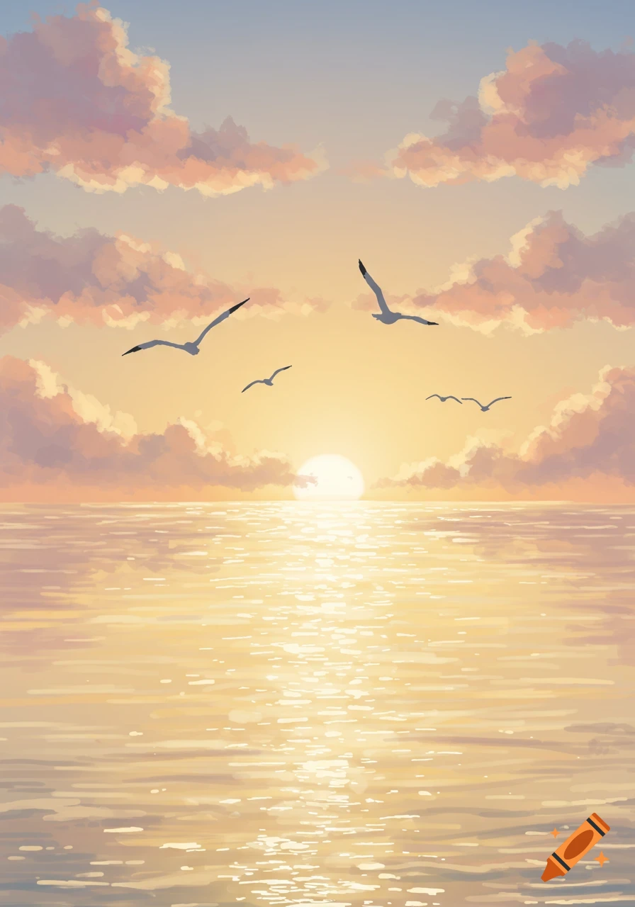 A colorful sunset over a calm ocean with several seagulls flying towards the sun, in an illustrated style.