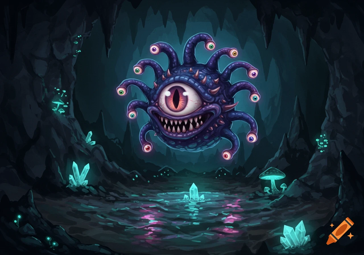 A cartoonish purple D&D Beholder monster with many eyes floats in a dark cave with glowing crystals.