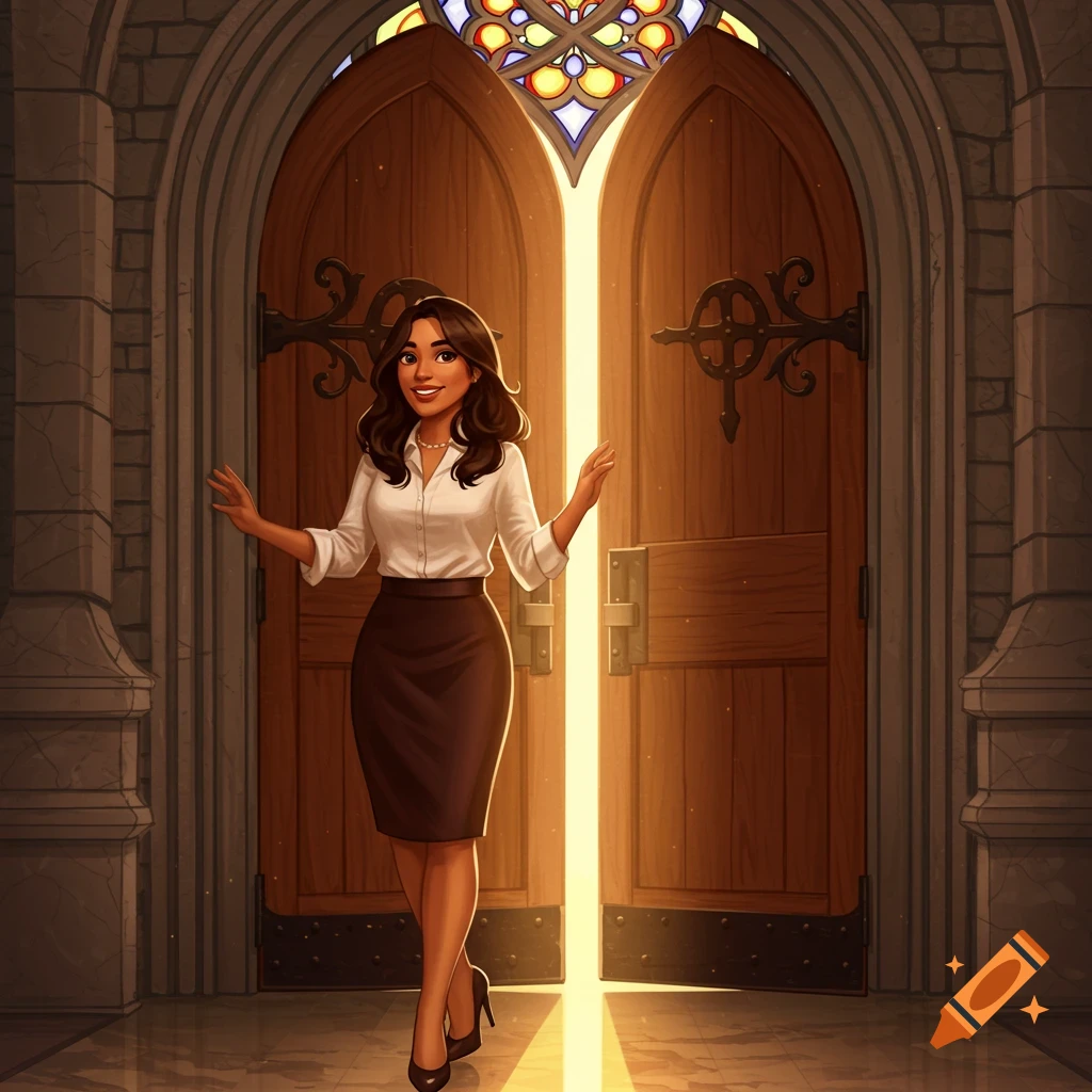 An inviting cartoon illustration of a smiling Latina woman in business attire standing in an illuminated church doorway.