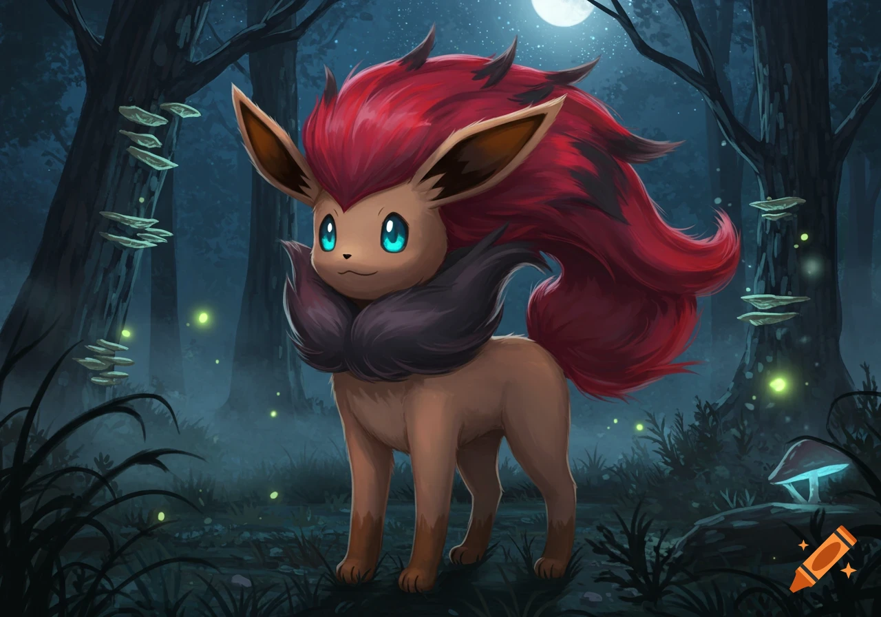 An Eevee and Zoroark fusion with red hair and bright blue eyes stands in a dark, mystical forest at night under a full moon, with glowing mushrooms and fireflies.
