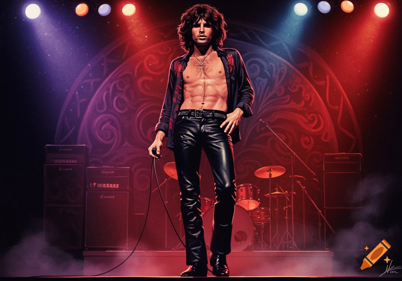 A man resembling Jim Morrison, shirtless and wearing leather pants, stands on a stage holding a microphone, bathed in red and purple stage lights.