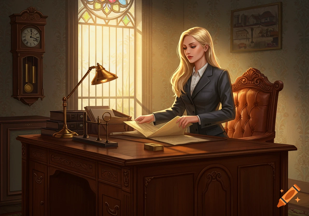 A blonde woman in a suit sits at a large wooden desk, looking down at papers in her hands. A vintage clock hangs on the wall behind her, and sunlight streams through a stained-glass window.