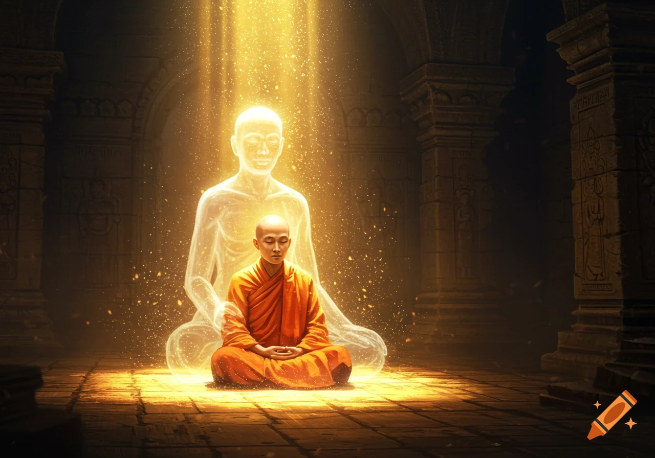 A monk meditates in a dark temple, a glowing spirit figure behind him illuminated by golden light.