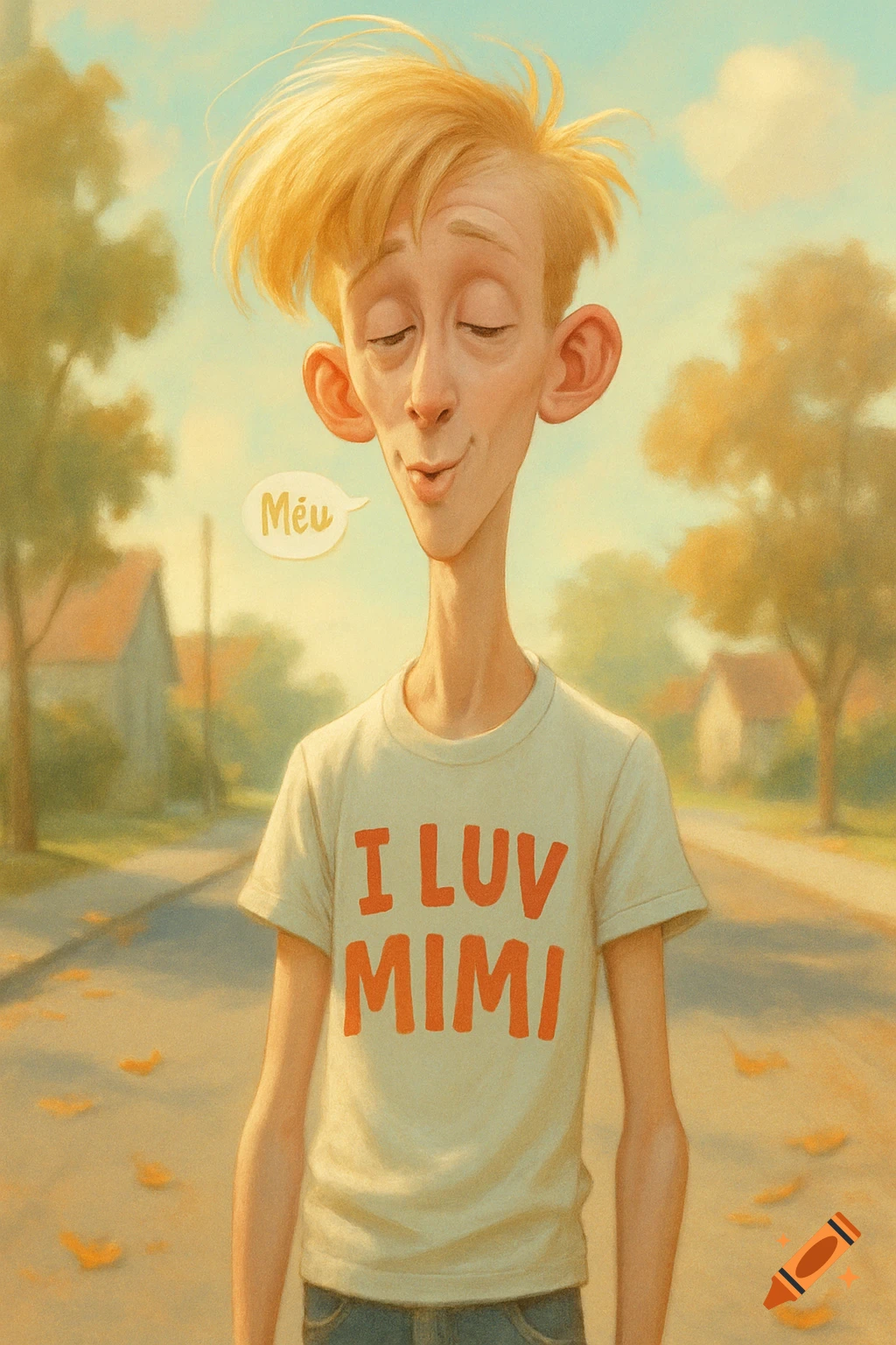 A stylized illustration of a lanky teenage boy with blond hair wearing an 'I LUV MIMI' shirt and a 'M esu' speech bubble, standing on a street.