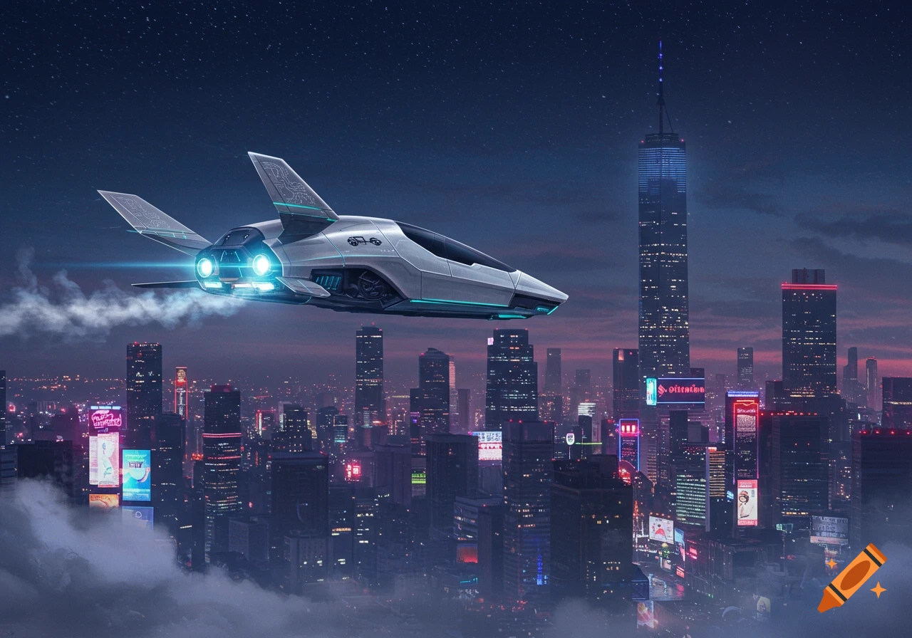 Sleek silver spaceship flying over a futuristic cyberpunk city at night, with neon-lit buildings.