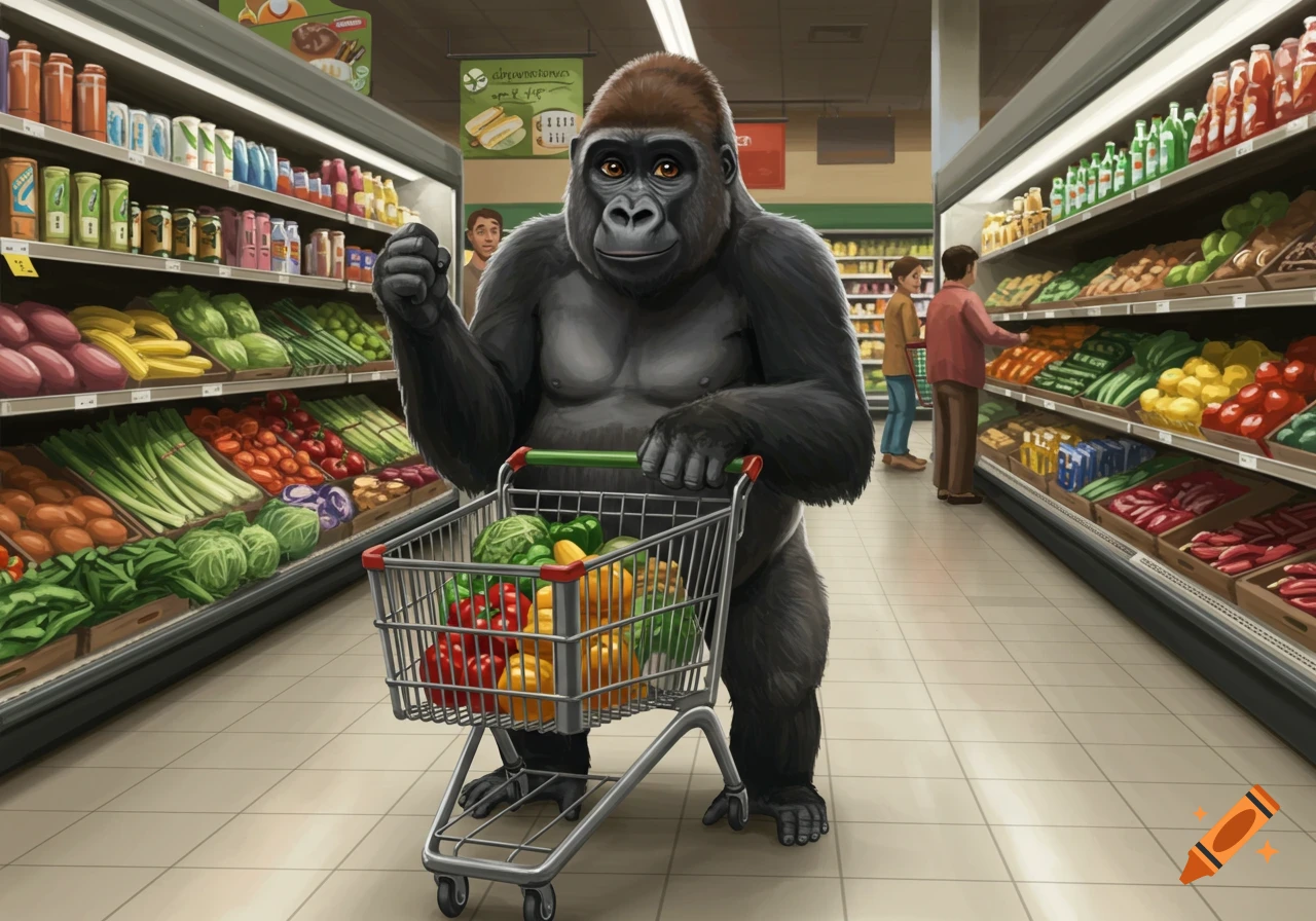 A large, realistic gorilla pushes a shopping cart full of vegetables down an aisle in a brightly lit supermarket.
