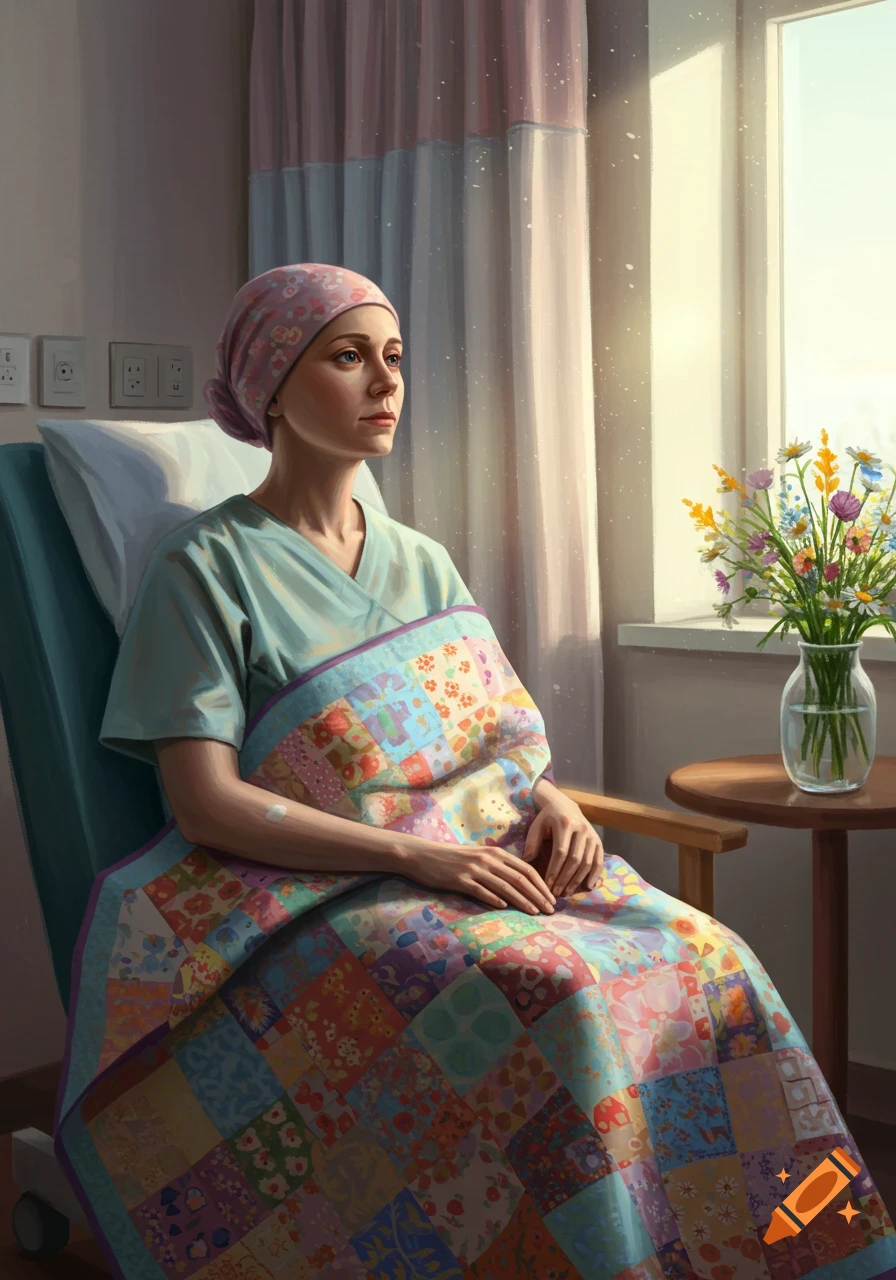 A woman in a hospital gown and head covering sits in a chair, covered by a colorful quilt, looking out a sunlit window.