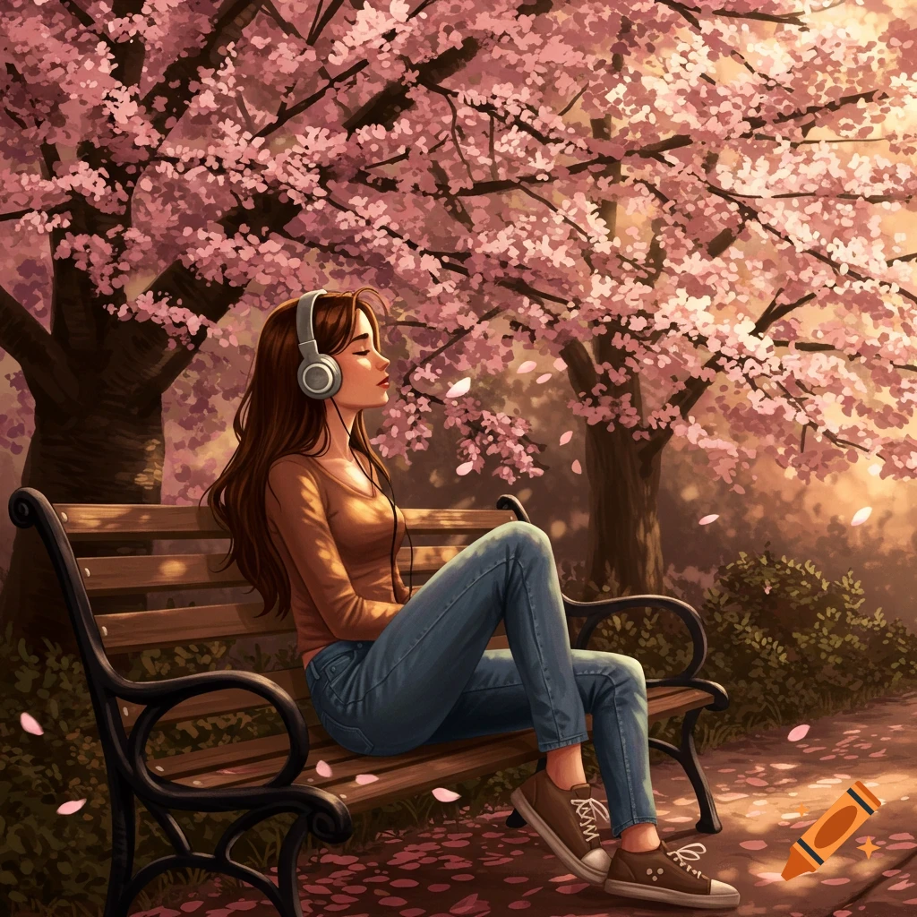A girl with long brown hair wearing headphones sits on a park bench under blooming pink cherry blossom trees.
