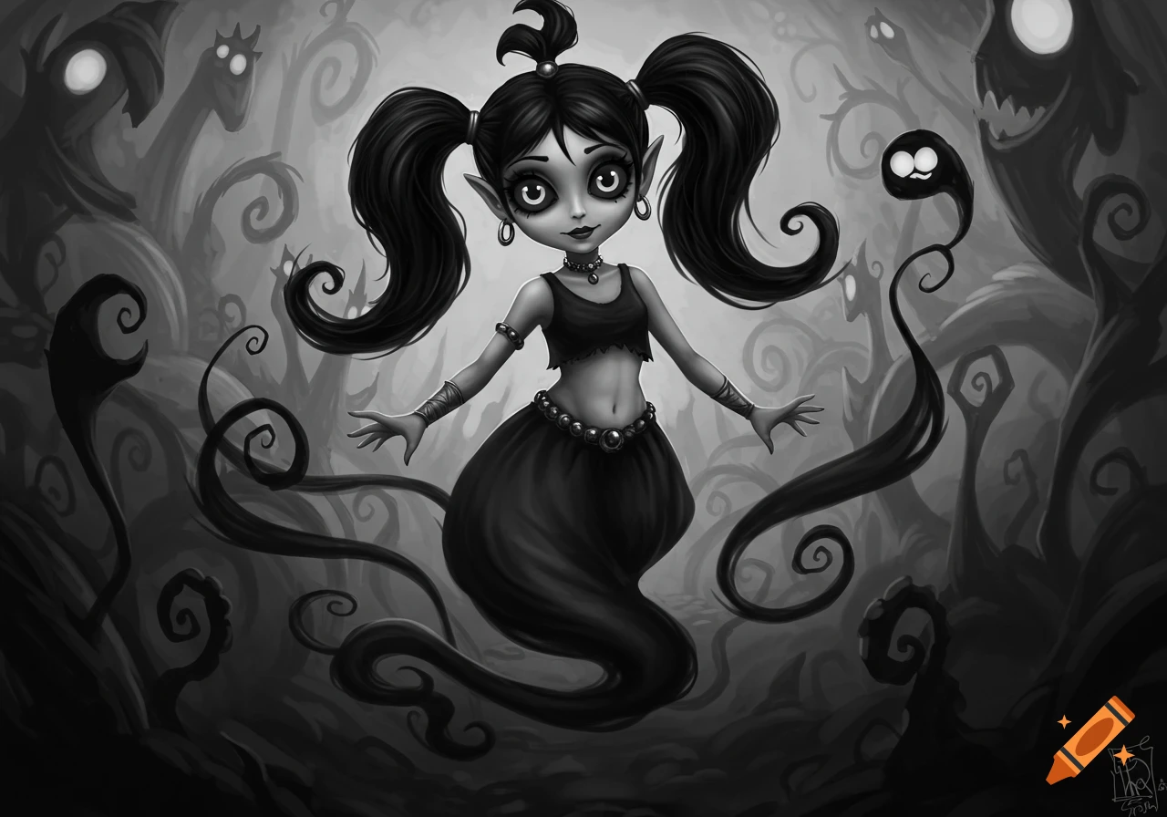 Black and white cartoon genie girl with twin pigtails in a gothic, anime style, surrounded by shadowy creatures.