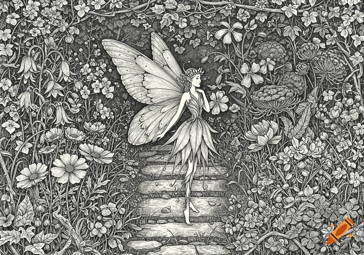 A detailed black and white line art illustration of a graceful fairy with butterfly wings standing on a path in a lush, intricate garden.