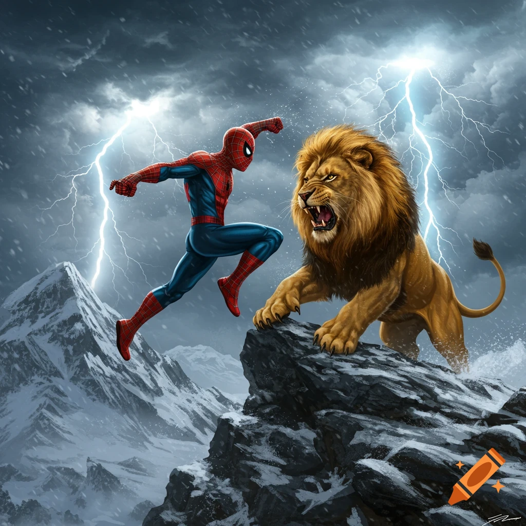 Spider-Man lunges towards a roaring lion on a snowy mountain under a stormy sky with lightning strikes.