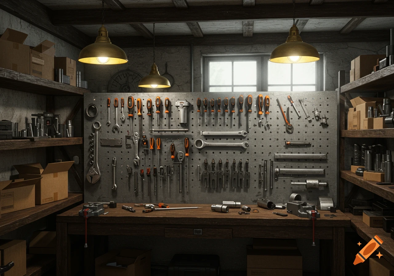 Photorealistic vintage workshop with tools on a pegboard, surrounded by wooden shelves and cardboard boxes, lit by overhead lamps and a window.