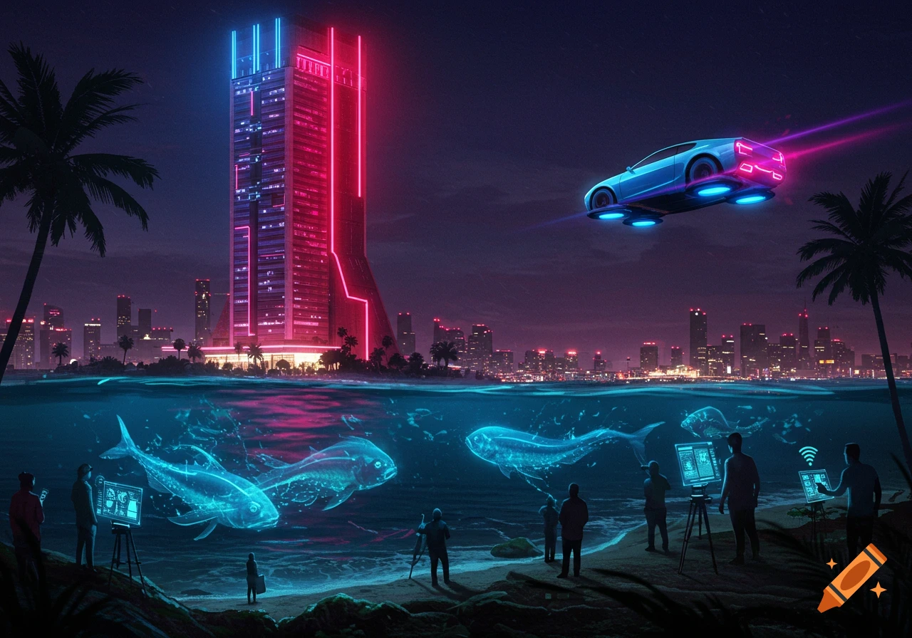 A vibrant neon-lit futuristic city at night with a tall building, flying car, glowing holographic fish, and people with advanced tech.