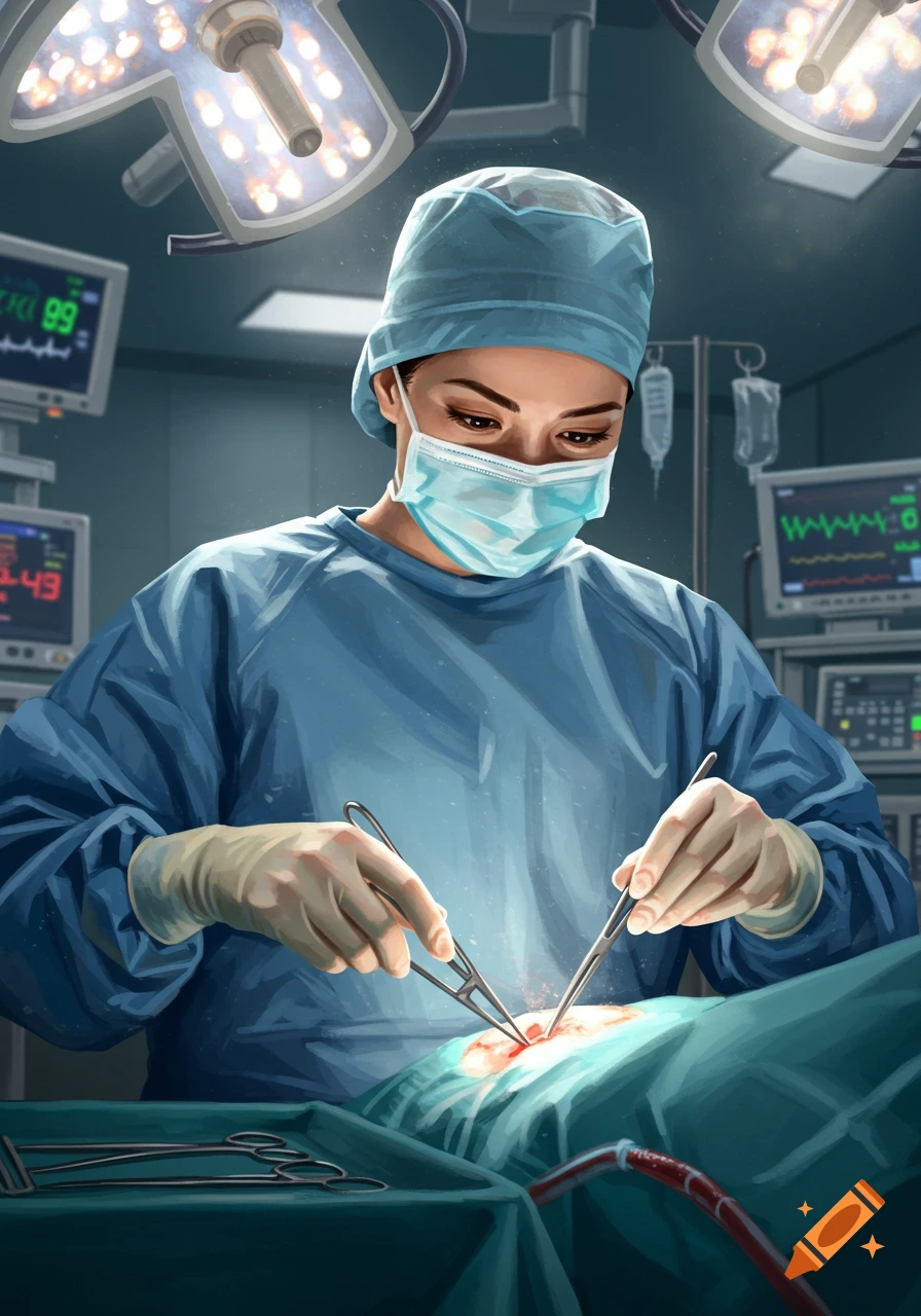 A surgeon in a blue scrub cap and gown performing surgery with surgical tools under bright operating room lights.