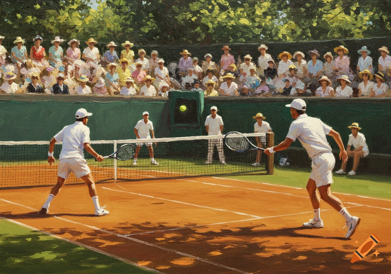 Brush stroke painting of a tennis match in progress on a clay court with two players and a large audience watching from the stands.