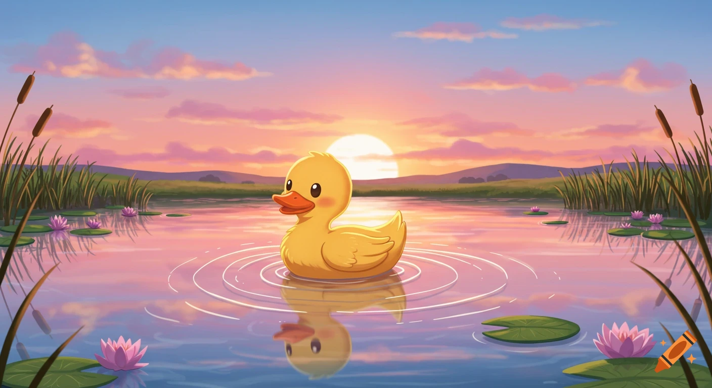 A cartoon rubber duck floats on a calm pond with lily pads and pink water lilies at sunset, surrounded by reeds.