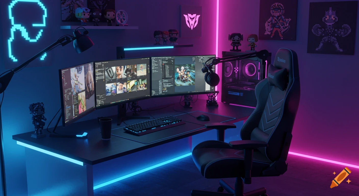 A futuristic gaming setup with three monitors, a gaming chair, and glowing blue and pink neon lights illuminating the room.