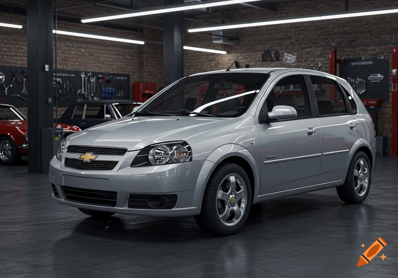 A silver Chevrolet compact sedan is parked inside a well-lit car garage with tools on the brick walls and other vehicles in the background.