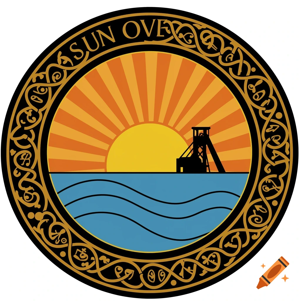 Circular emblem with a golden sun rising over blue waves and a black tin mine silhouette, framed by a gold intricate border. Text 'AS.UN OVE' at top.