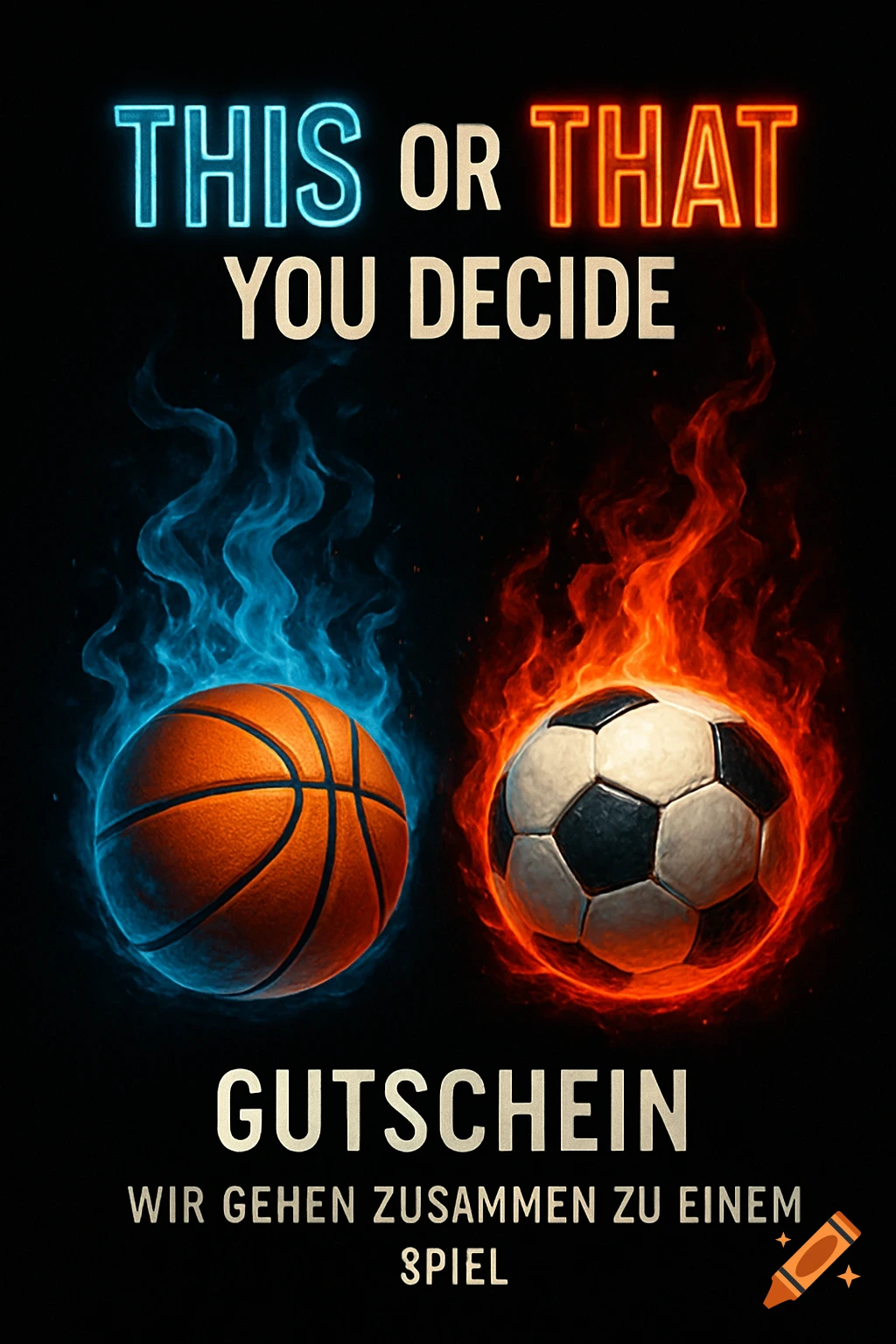 Basketball with blue flames and soccer ball with red flames on black, with text 'THIS OR THAT YOU DECIDE' and 'GUTSCHEIN'.
