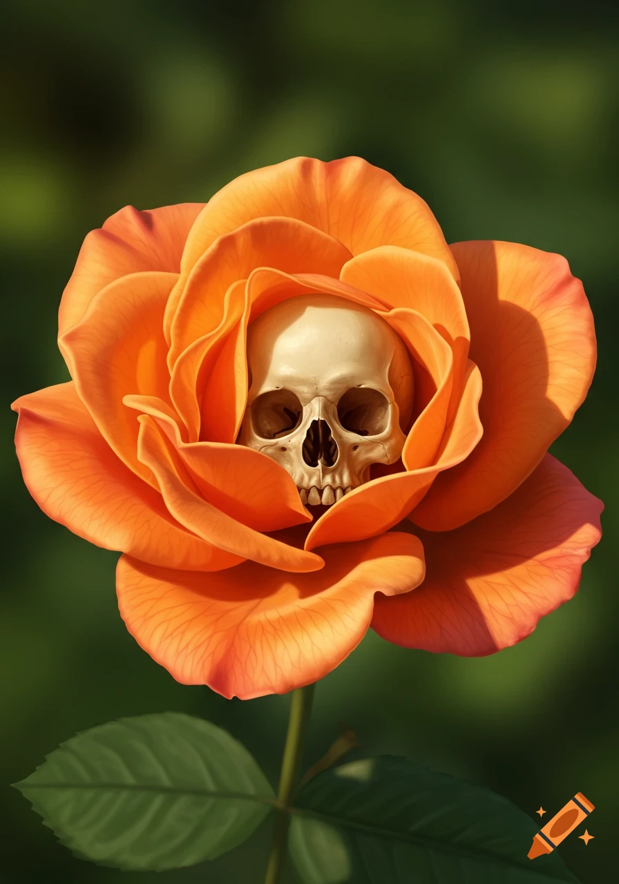A photorealistic image of a human skull nestled in the center of a vibrant orange rose.